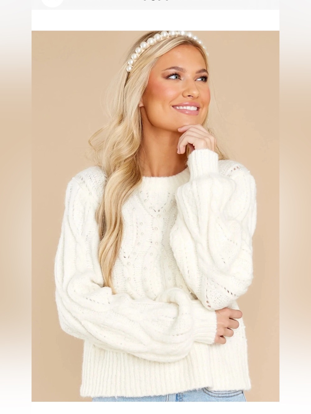 NWOT ~ Lulu’s Boutique Ivory Cable Knit Beaded Pullover Sweater ~ Sz M/L